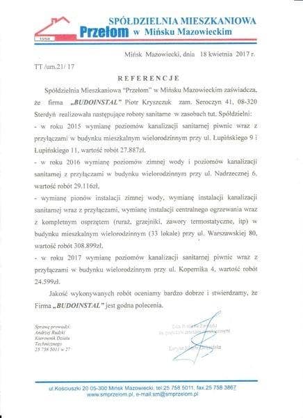 Spółdzielnia mieszkaniowa przełom referencje Budoinstal